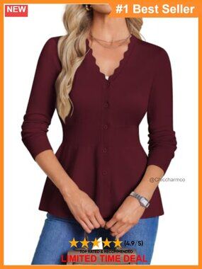 Lightweight V-Neck Scalloped Button Up Peplum Cardigan Sweater